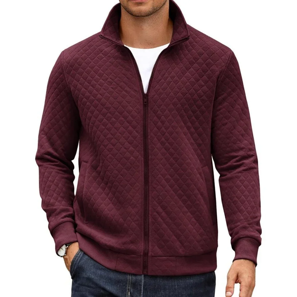 COOFANDY Men Dark Red Zip Up Mock Neck Quilted Lightweight Sweater Jacket